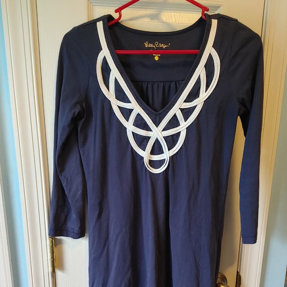 Lilly Pulitzer Womens Blaire Dress Pima Cotton V Neck 3/4 Sleeve True Navy Sz XS